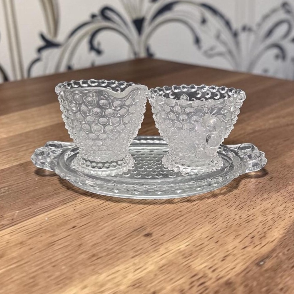 Duncan &‎ Miller Crystal Hobnail Sugar And Creamer With Tray, Vintage Glassware
